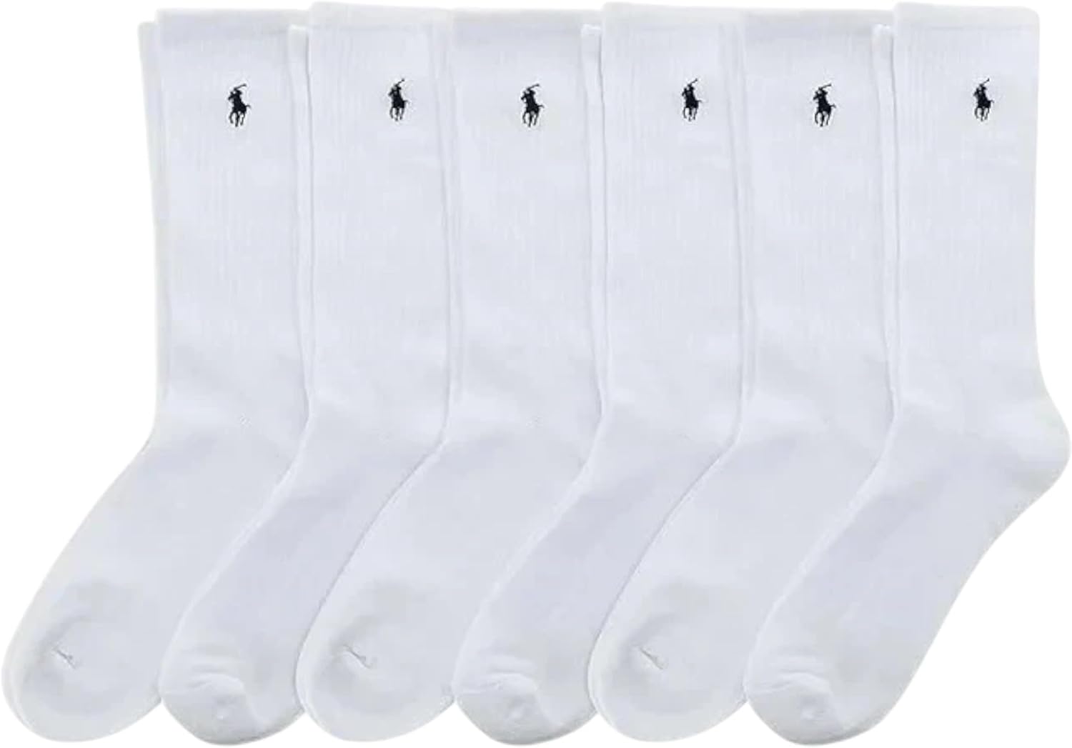 POLO RALPH LAUREN Men's Classic Sport Ribbed Crew Socks, 6 Pack Pair, White w/Navy Blue Pony Logo, Half Cushioned Sole, Size 10-13 / Shoe 6-12.5, Recycled Polyester/Spandex, ZP821005PK6N-WHNAV