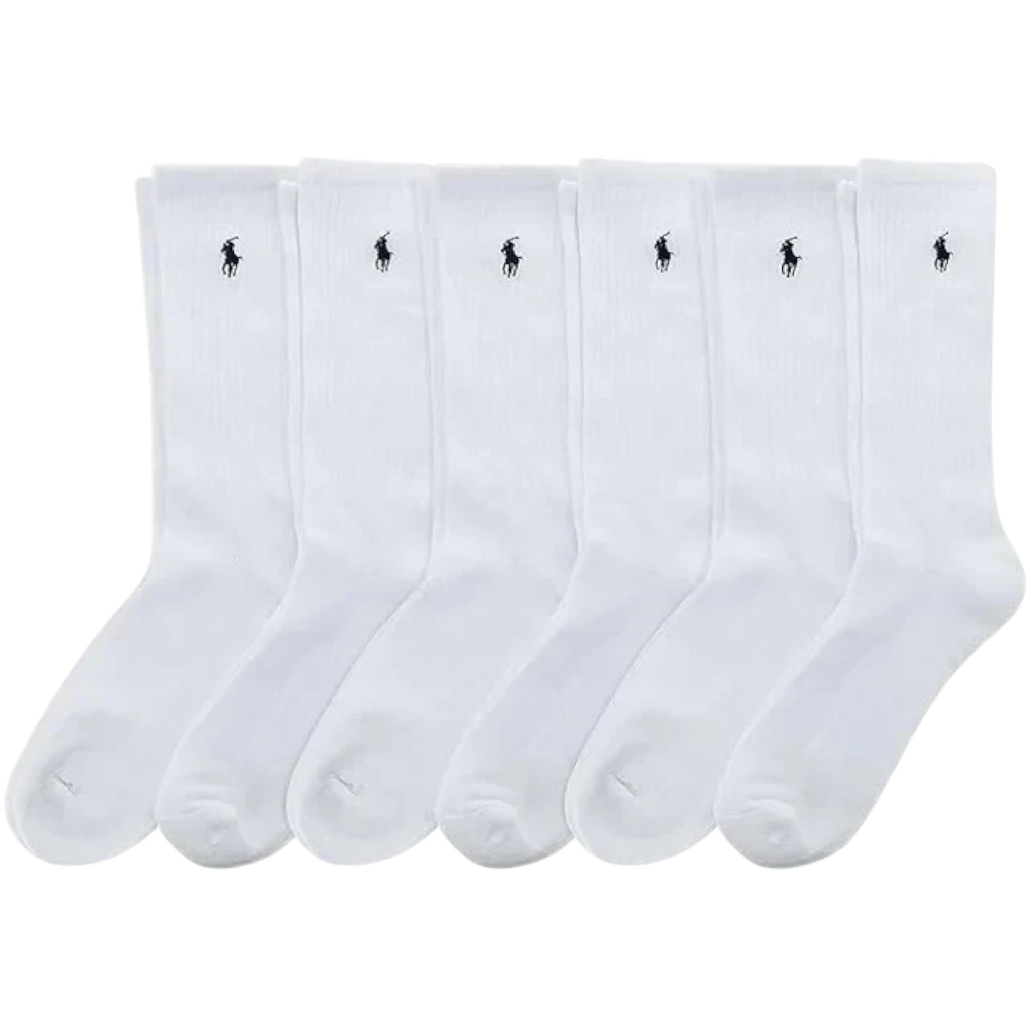 POLO RALPH LAUREN Herren Classic Sport Gerippte Crew-Socken, 6er-Pack, Weiß mit marineblauem Pony-Logo, halb gepolsterte Sohle, Größe 44-47/Schuh 39-47, recyceltes Polyester/Spandex