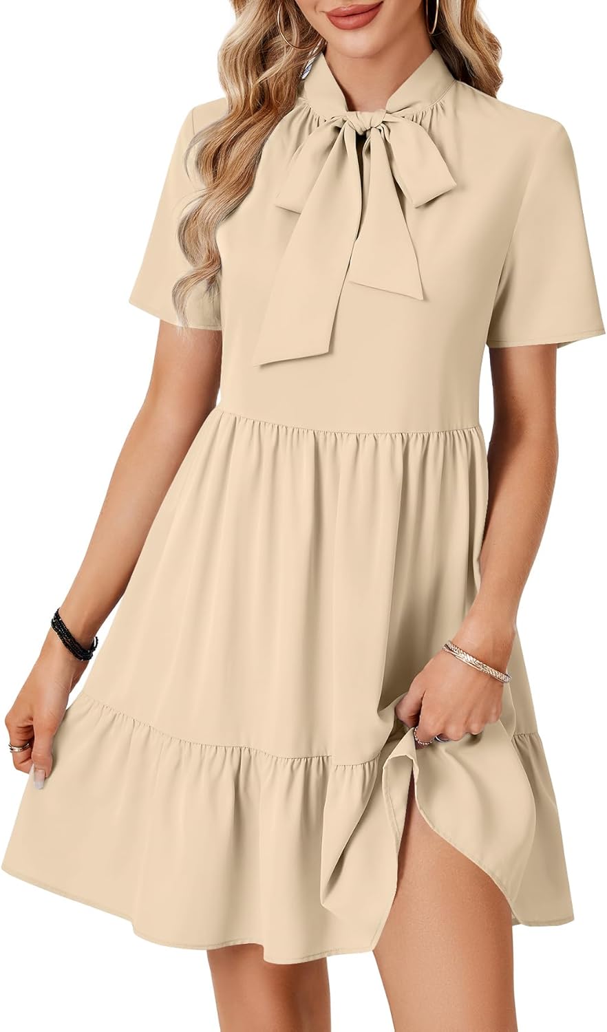 Rooscier Women's Bow Tie Neck Short Sleeve Ruffle Tiered A Line Babydoll Swing Mini Dresses - Image 3