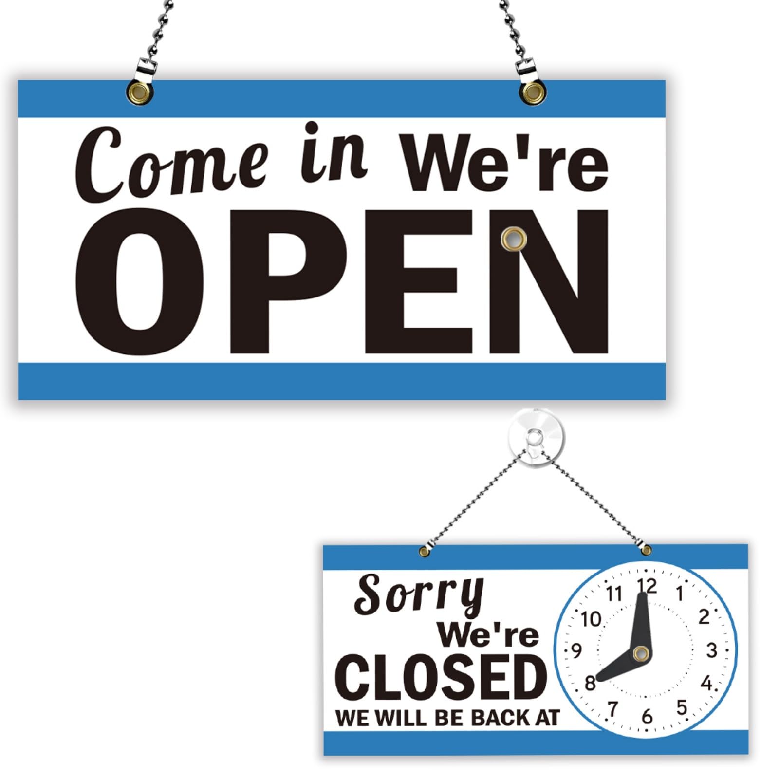 PLIGREAT Simple Blue Open Signs Double Sided Open Closed Sign Bussiness Welcome Hours Sign Plaque for Retail Store Bar Bakery Shop Window Wall Decor Hanging Door Signs with Chain, 30x15 cm