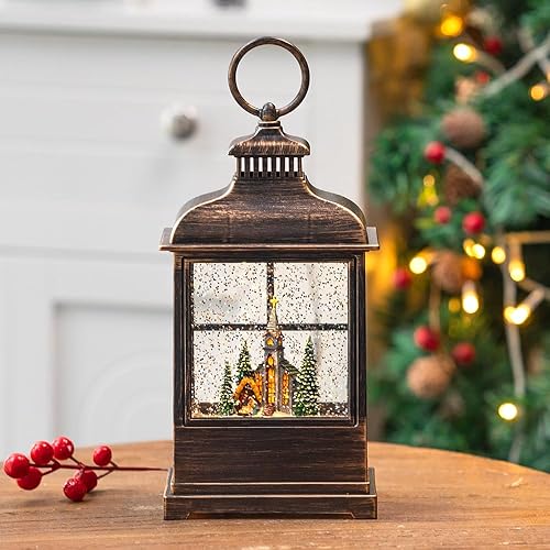 Luces de bola de nieve, muñeco de nieve brillante de agua, escena de árbol de Navidad, faroles creativos de música retro, decoración del hogar