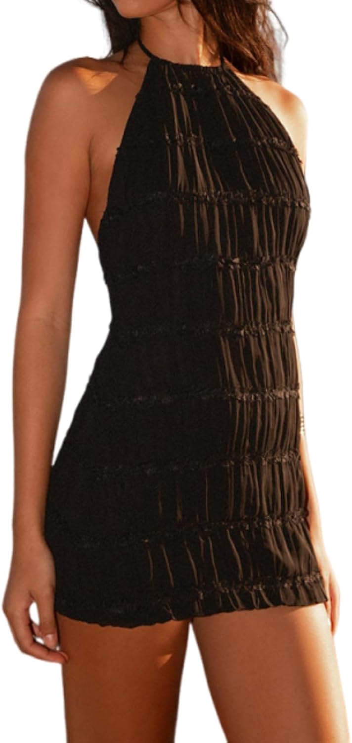 Womens 2025 Summer Halter Chiffon Pleated Mini Dress Sleeveless Sundress for Beach Vacation Party