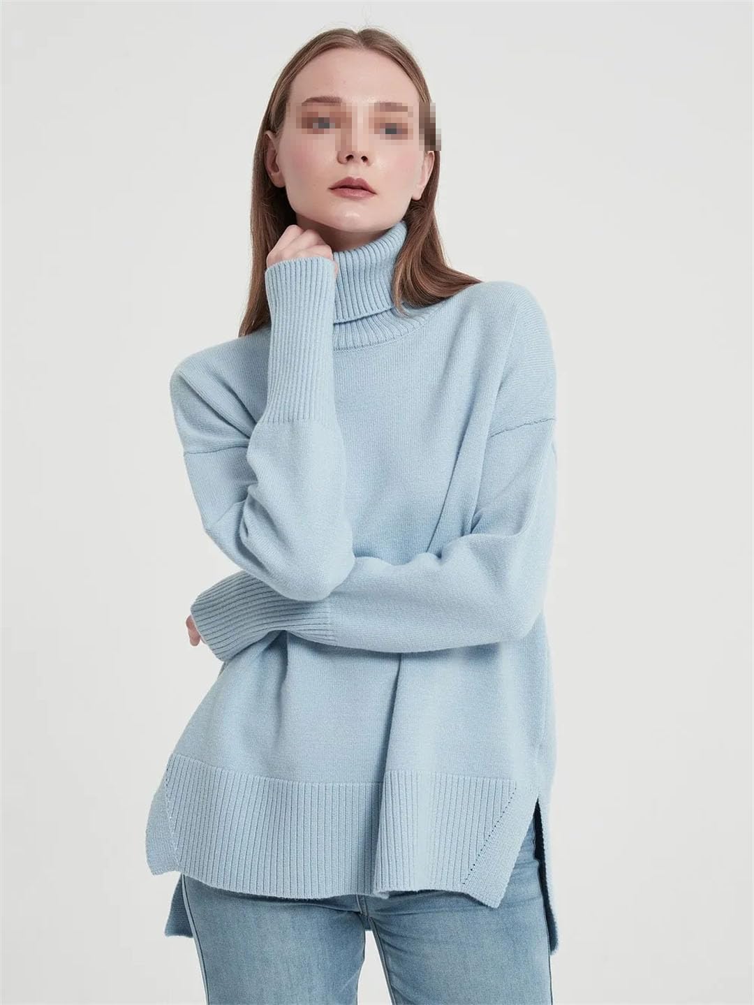 Maglione da donna a collo alto, a maniche lunghe, tinta unita, lavorato a maglia