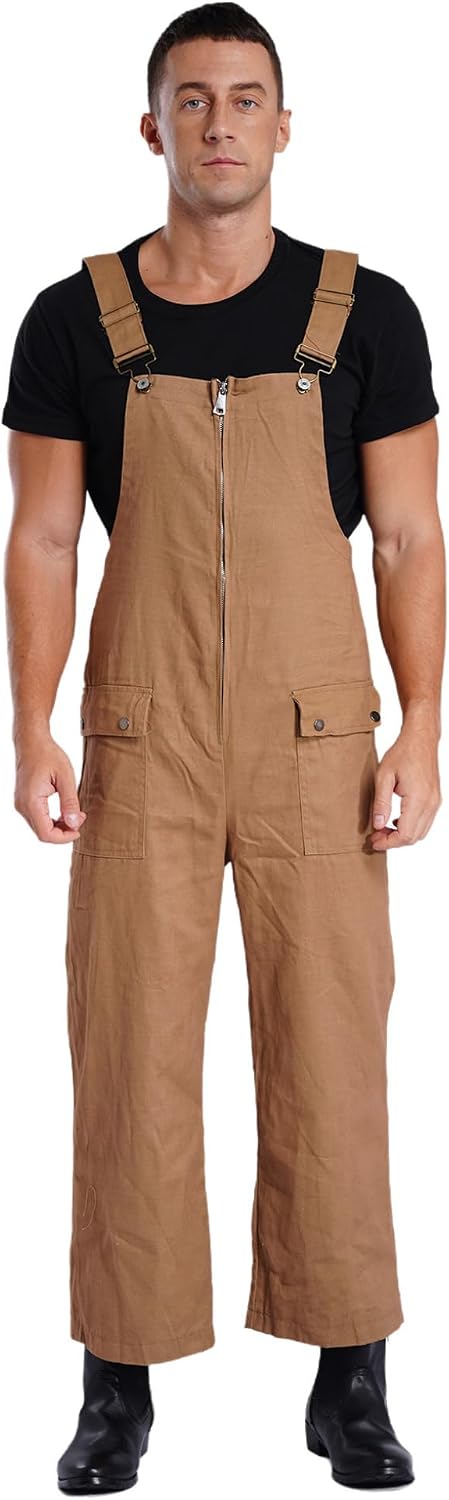 Mens Bib Overalls Work Dungarees Coverall Adjustable Shoulder Straps Front Zipper Loose Jumpsuit