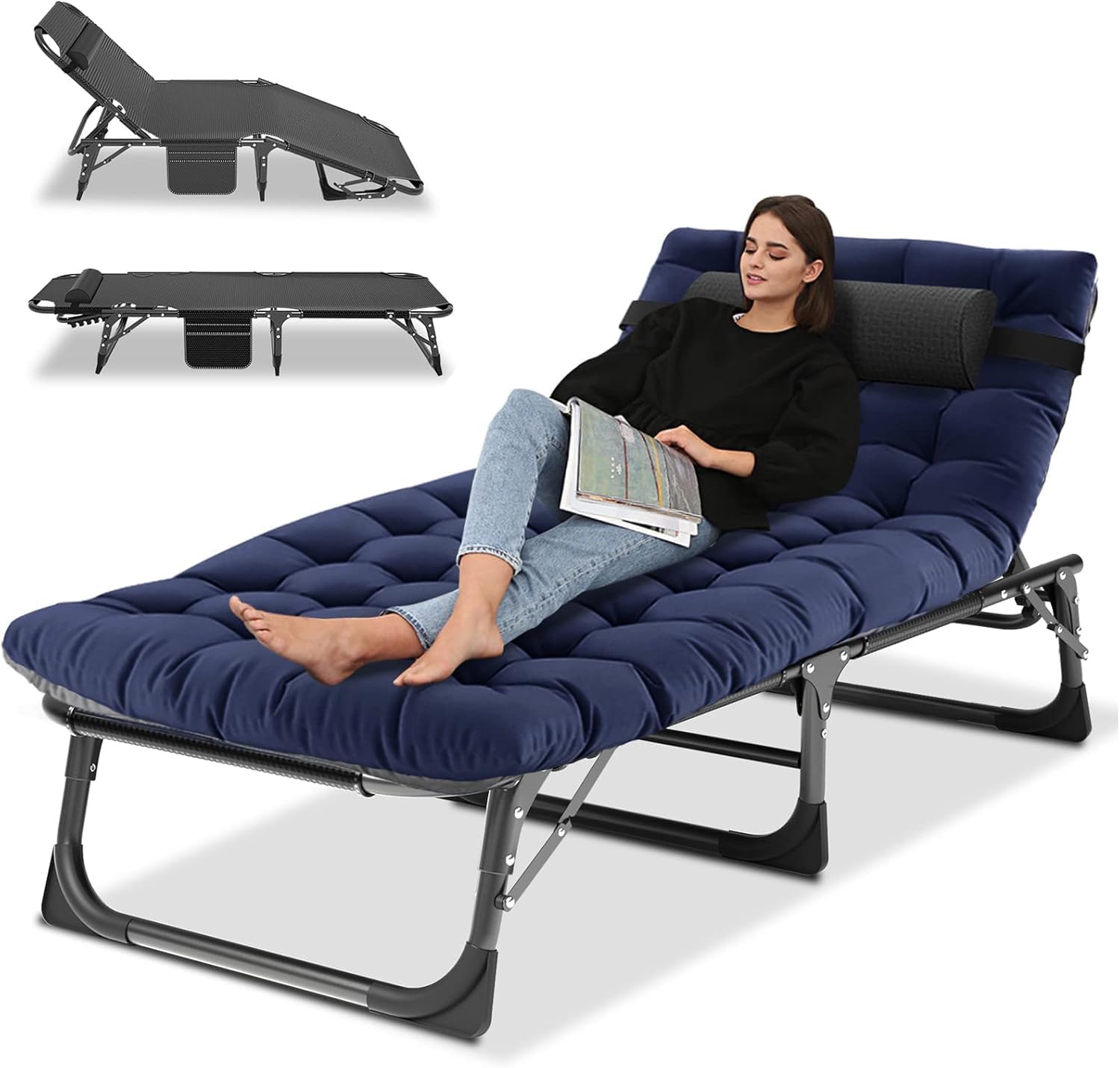 Camping Cot, Adjustable 4-Position Adults Reclining Folding Chaise with Pillow, Outdoor Portable Lounge Chair Sleeping Cots Bed, Perfect for Camping, Pool, Beach, Patio, Navy Blue