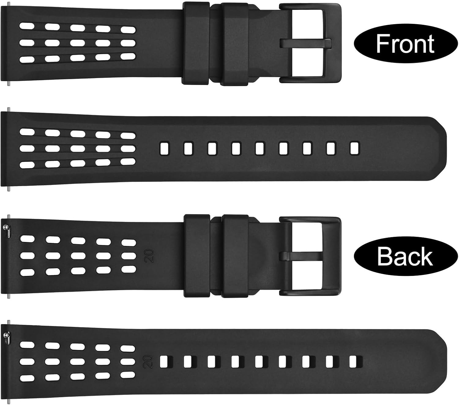 WOCCI 20mm Rally Watch Band, FKM Rubber Strap, Quick Release, Black Matte Buckle (Black)