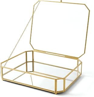 FOCHIERF Handmade Octagon Glass Jewelry Box with Mirrored Base, Gold Brass Frame - Elegant Display Case for Vanity, Trinkets & Keepsakes