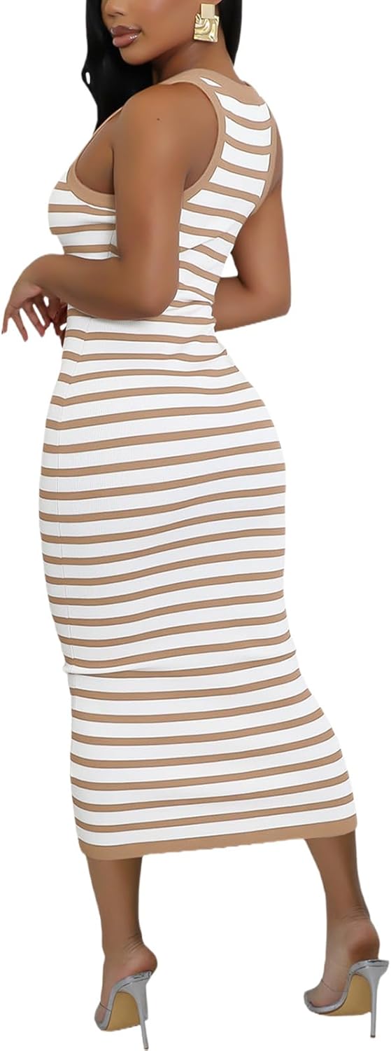 Women's Striped Summer Bodycon Tank Sleeveless Round Neck Casual Knit Pencil Midi Dresses - Image 4