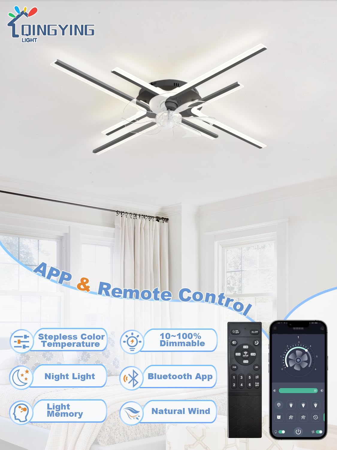 Moderno Lampadario Ventilatore Con App Telecomando, Ventola Soffitto Con Luce Reversibile 6 Velocità DC, Lampada Con Pale Ventilatore Dimmerabile LED Per Camere Da Letto E Soggiorni-Black||4 Heads