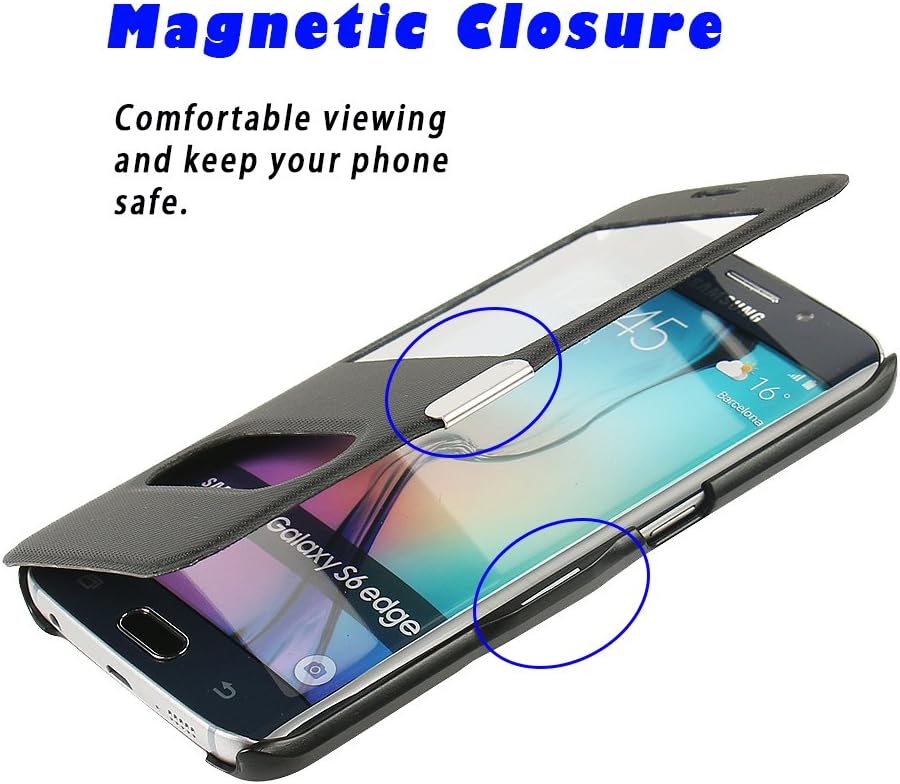 S6 Edge Case, Galaxy S6 Edge Case, MTRONX Dual Window View Magnetic Closure Twill PU Leather Ultra Folio Flip Slim Case Cover for Samsung Galaxy S6 Edge - Black(MG2-BK)