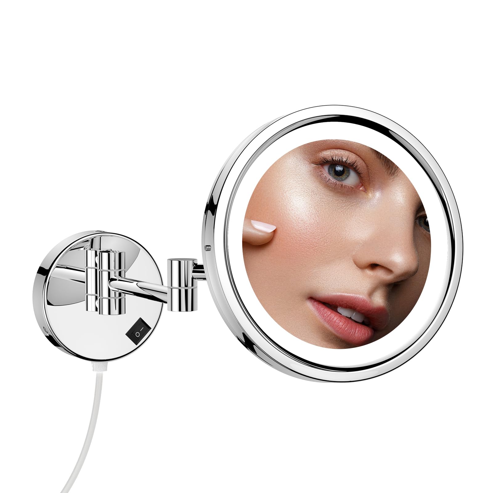 Dowry Espejo Maquillaje Pared con Luz LED Espejo Aumento x10 Baño Pared - 3 Luces de Colores - 360° Giratorio Espejo de Tocador Extensible - Espejos para Afeitado Plata,Ø25 cm