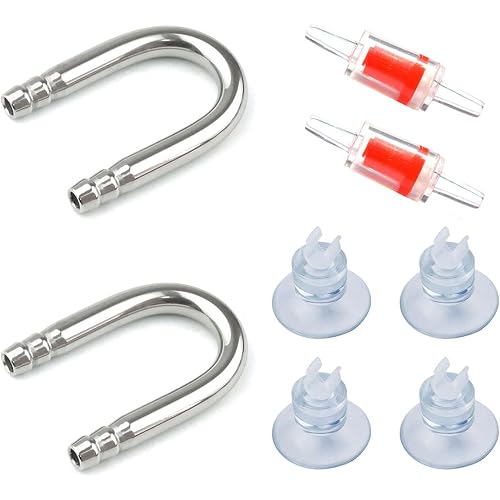 2 PCS Stainless Steel Fish Tank U Shape Pipe, 2 PCS Non-Return Check Valve, 4 PCS Suction Cup, for Aquarium Connecting Air Line