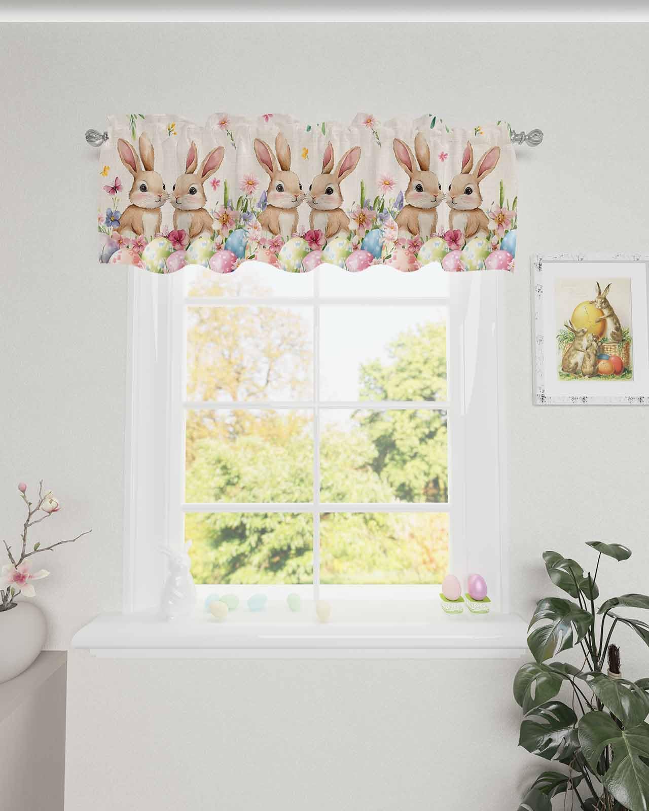 Easter Bunny Egg Floral Valances for Kitchen Windows Valance Curtains for Living Room, Spring Flowers Rabbits Rod Pocket Window Valance Red Window Treatment for Bathroom Bedroom 54x18inch, Washable
