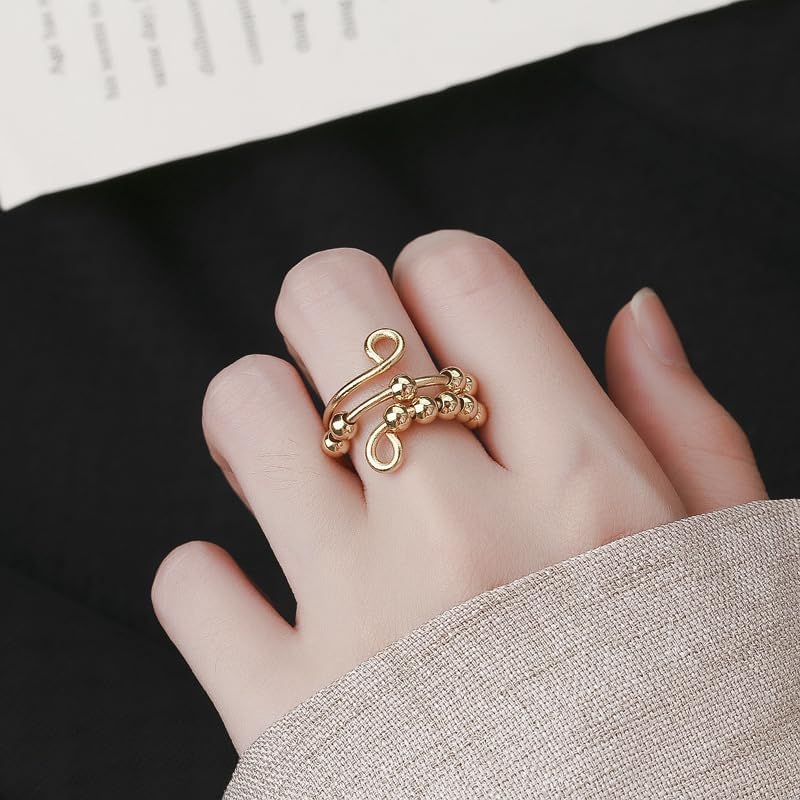 Vintage Beads Rotatable Fidget Anti Stress Opening Spinner Fidget Anxiety Silvery Color Rotate 316L Stainless Steel Rings for Women