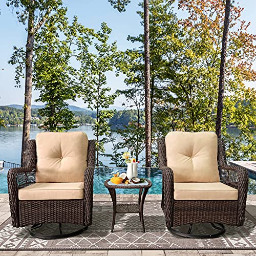 Outdoor Bistro Set 3 Pieces, Outdoor Resin Wicker Swivel Rocker Patio Chair, 360-Degree Swivel Rocking Chairs And Tempered Glass Top Side Coffee Table, Outdoor Rattan Conversation Sets (Khaki) #TOP1