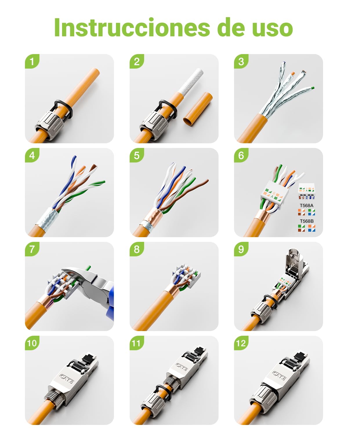 Wtyczka RJ45 bez narzędzi Cat8, 40 Gbit/s 2000 MHz, pozłacana wtyczka lan 50u bez narzędzi POE do kat. 7 kabel instalacyjny, ekranowana, wtyczka sieciowa cat 8, bez narzędzi, wielokrotnego