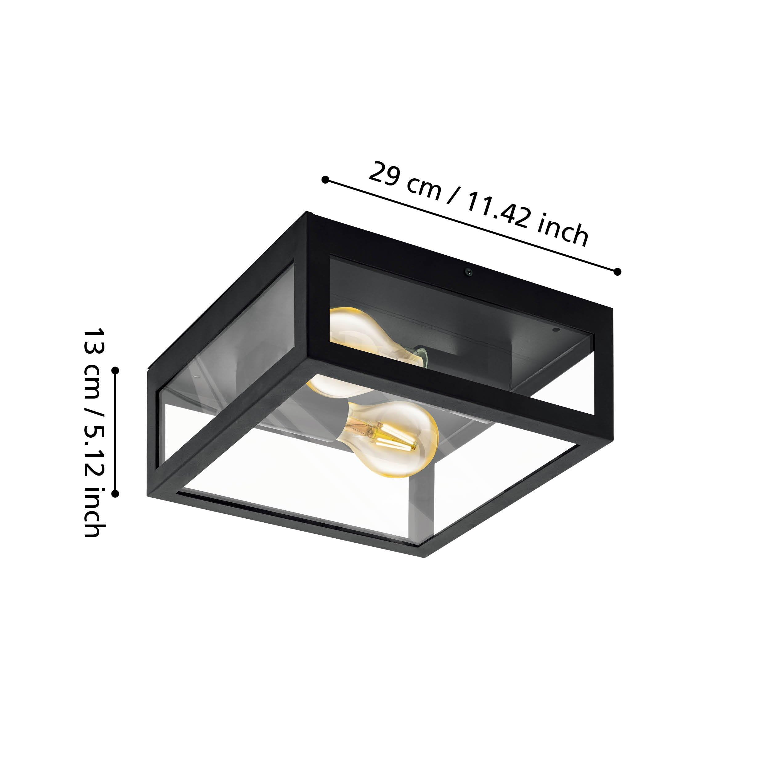 Eglo Amezola Lámpara de techo de 2 focos, aplique de baño estilo industrial, vintage, acero y cristal, negro, transparente, casquillo E27, IP44