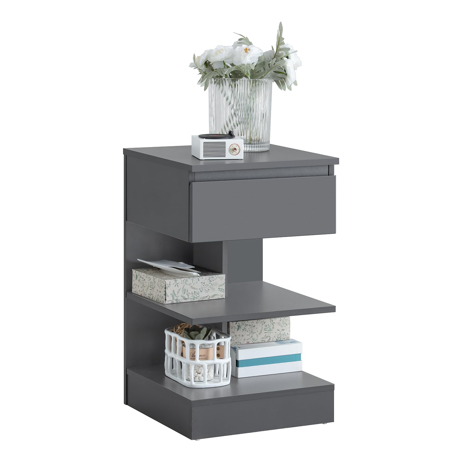 SoBuy Mesita de Noche con 1 Cajón y 2 Estantes Mesa Auxiliar para Salón Comedor Gris 39 x 39 x 65 cm FBT49-HG ES