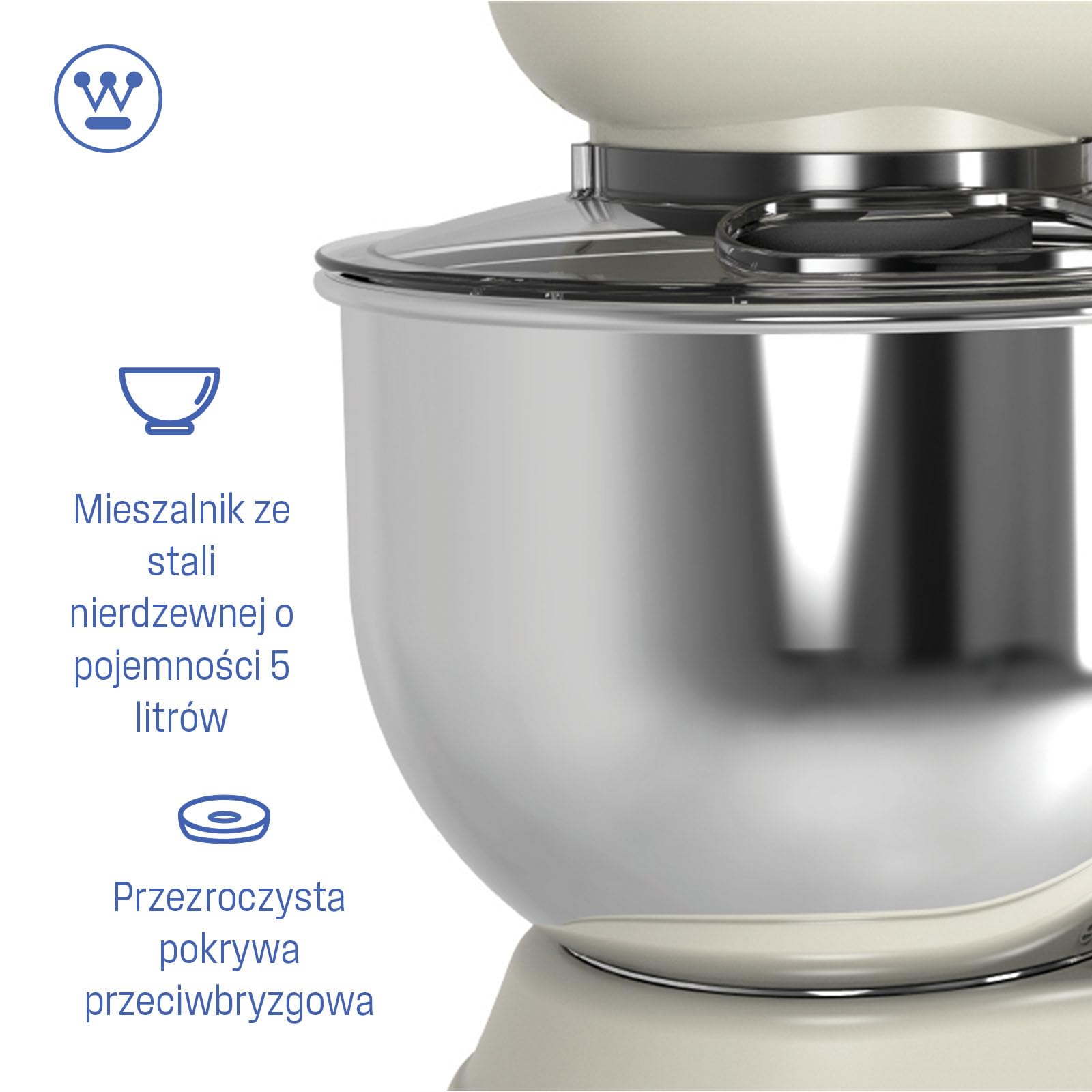 Westinghouse Retro Mikser stojący – 1200 W – Robot kuchenny 5 l Miska miksująca – Robot kuchenny – Mikser kuchenny – Robot kuchenny – Beżowy