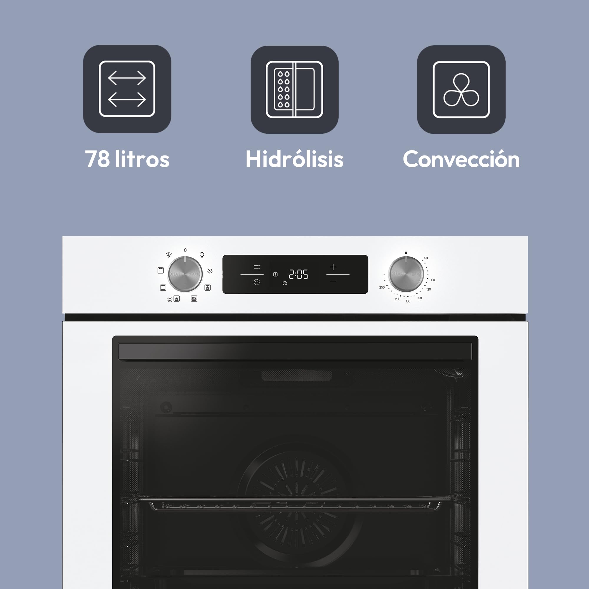 Candy Bake 600 CA6 N3T1HTW Horno Multifunción, 78L, Recetas a través de app hOn, 1 Bandeja y 1 Rejilla, Limpieza Hidrolítica, Convección + Ventilador, 9 Funciones, Ready UX, Blanco