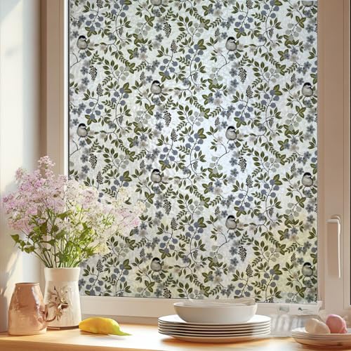 Alwayspon 39.37×16.93inch Non-Adhesive UV Rainbow Window Privacy Film, Bird and Green Leaves Stained Glass Window Film, Decorative Static Cling Glass Sticker for Home, Room, Bathroom, Glass Door