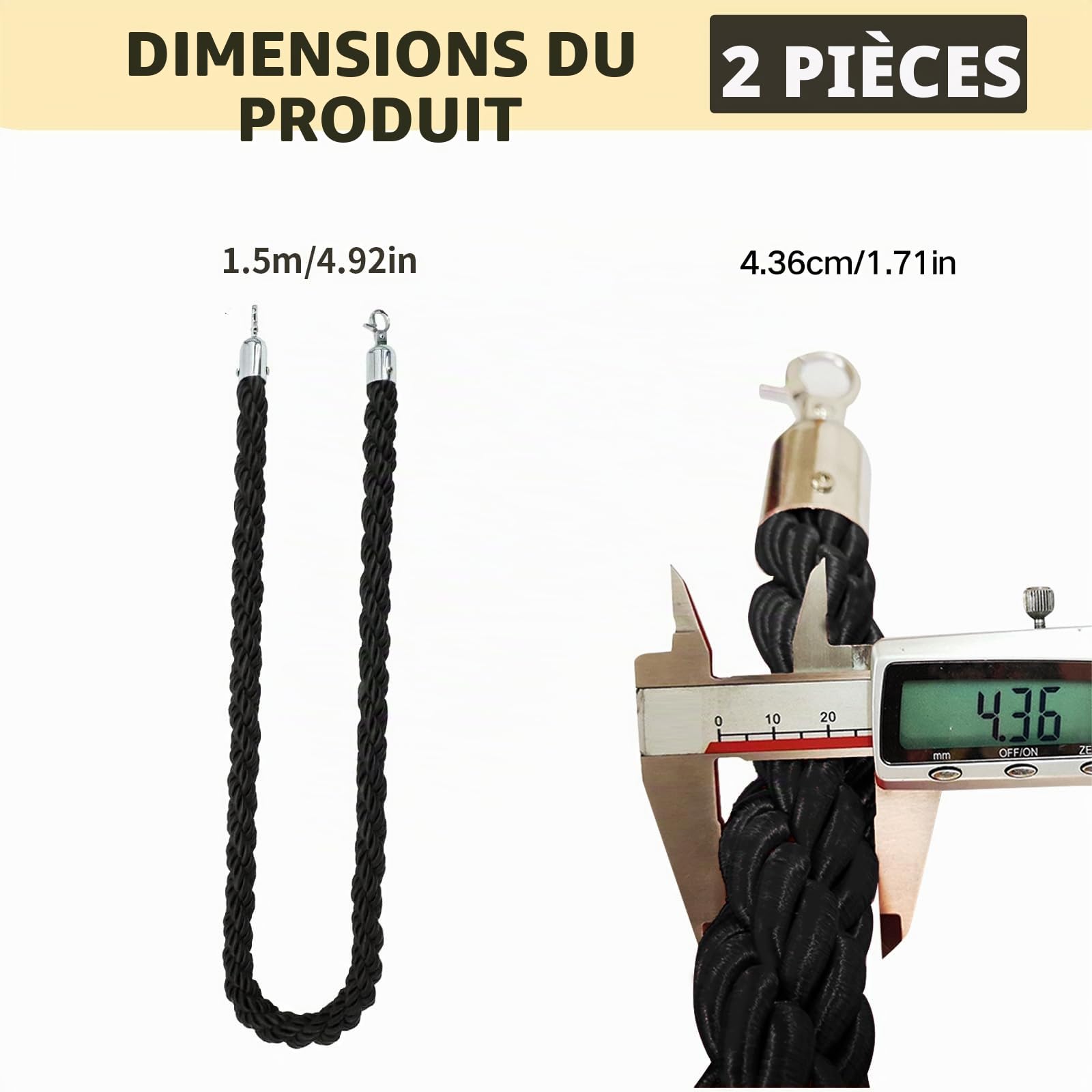 2 Pièces Cordon de délimitation Noir: 1,5m Cordes de Barrière Noir | avec Crochet, pour les hôtels, Centre Commercial, Bibliothèque, Musée, Système de Guidage des Personnes