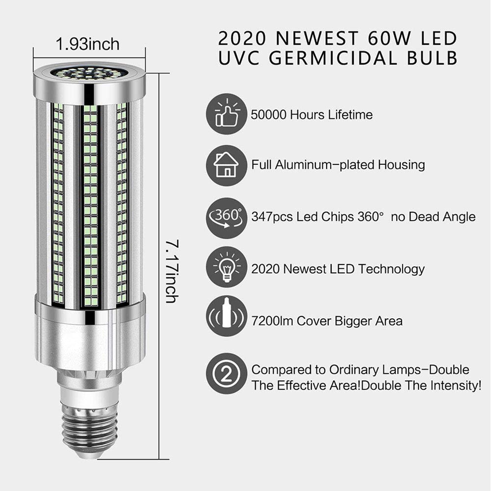 Faucet 60W LED Luz UV, Control Remoto de lámpara germicida con Temporizador Esterilizador UV Luz Desinfectante de Bombilla UVC Esterilizador de lámpara LED UVC,Remote 110v 60w