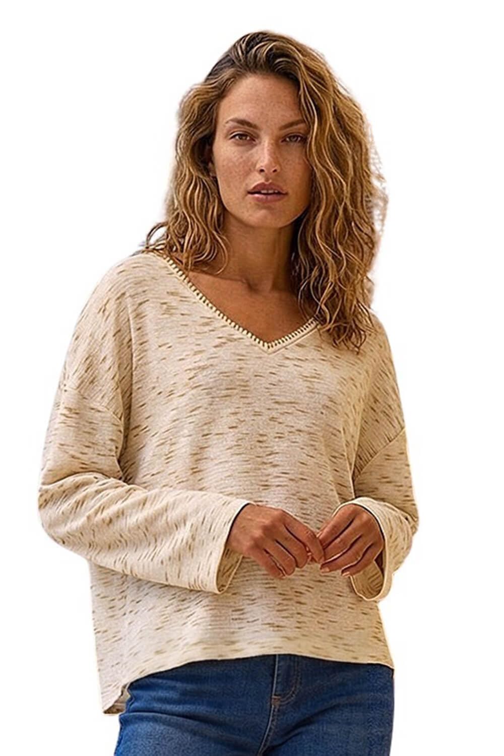 Roman Women's Warm White Contrast Stitch V-Neck Top In | Size: 18