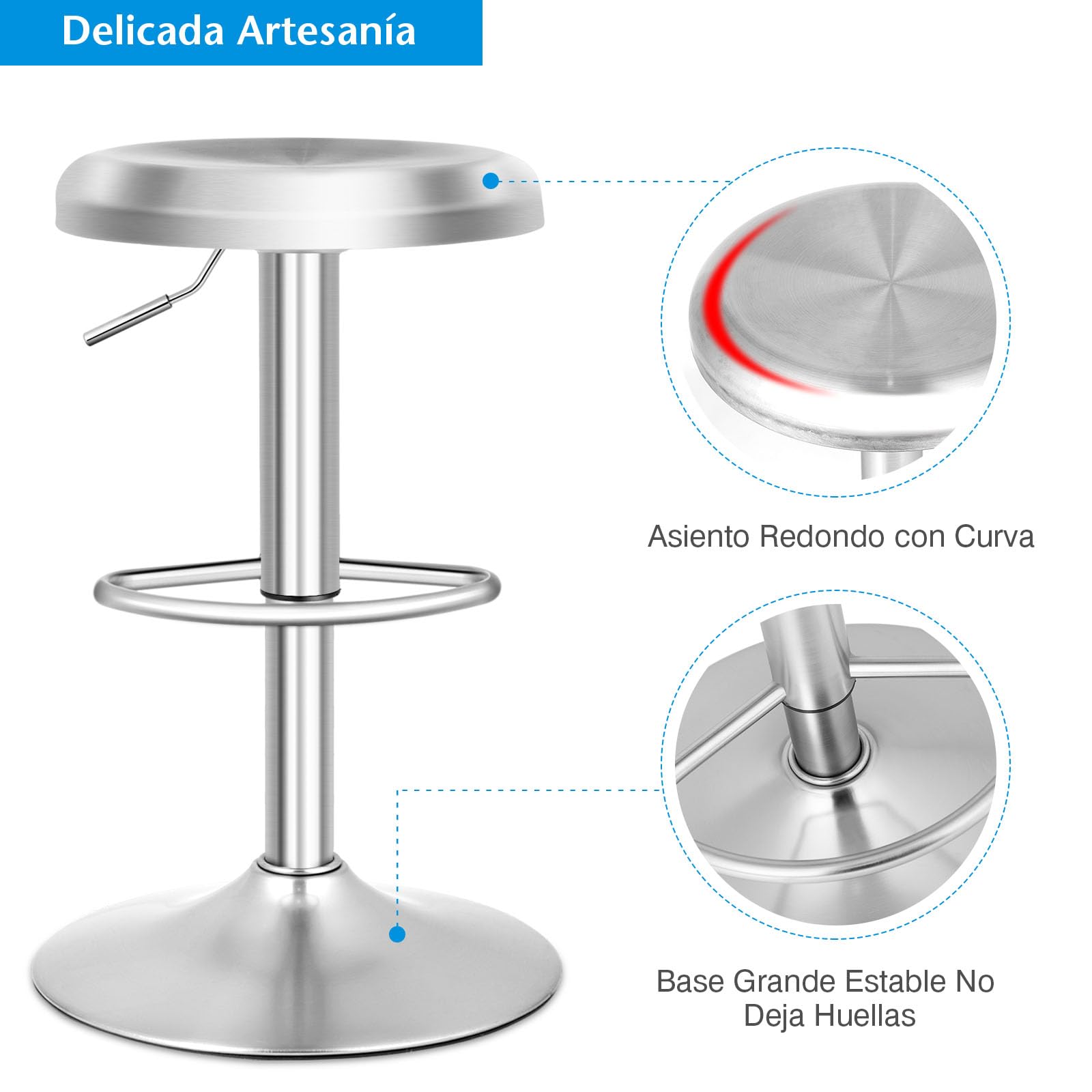 COSTWAY Taburete de Bar Giratorio, Taburete Redonda Ajustable en Altura, Taburete Alto con Reposapiés, Mango y Base Grande, Silla de Barra de Acero Inoxidable para Cocina, Bar, Cafetería