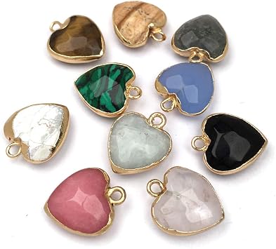 LHJ 10 Pcs Heart Shaped Natural Stone Pendants Faceted Healing Crystal Agate Random Charms for Jewelry Making Necklace Bracelet