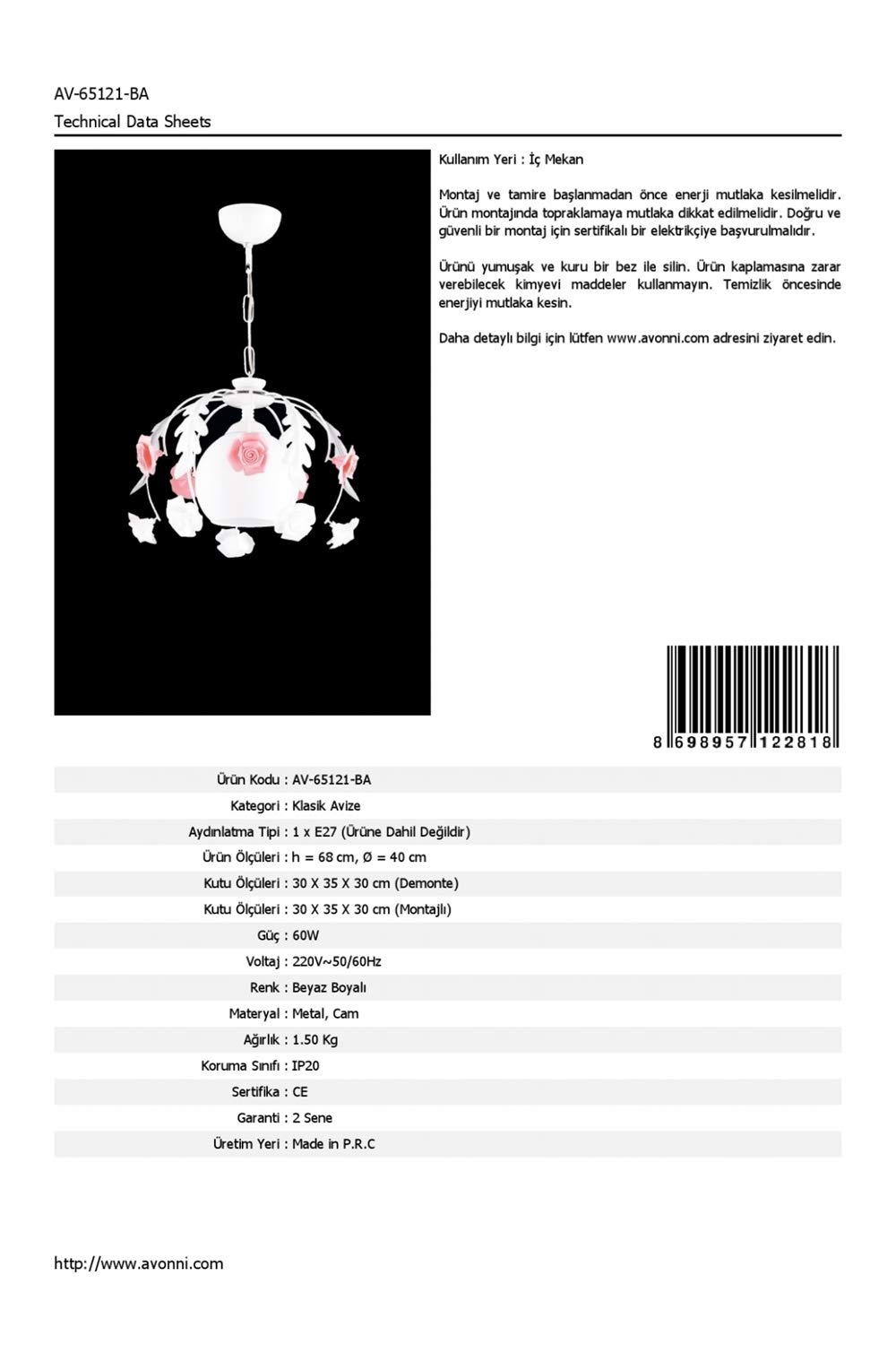 Avonni Painted Classical Chandelier White Diameter 40 Cm X H 68 Cm Av 65121 Ba Buy Online At Best Price In Uae Amazon Ae