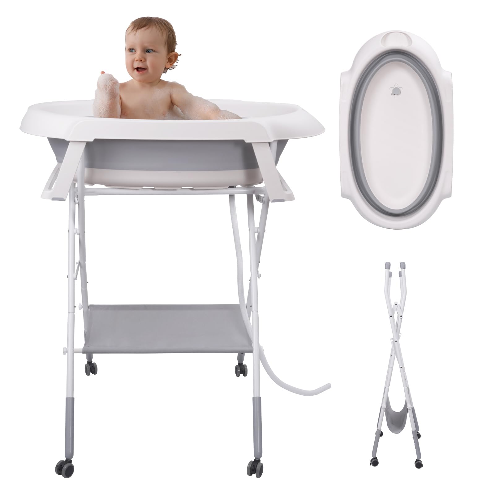 Soporte Plegable para Bañera de Bebé, kit de baño con mesa de almacenamiento multifuncional, Ligero y Resistente, regulable en altura, bañera de bebé plegable con Patas Antideslizantes