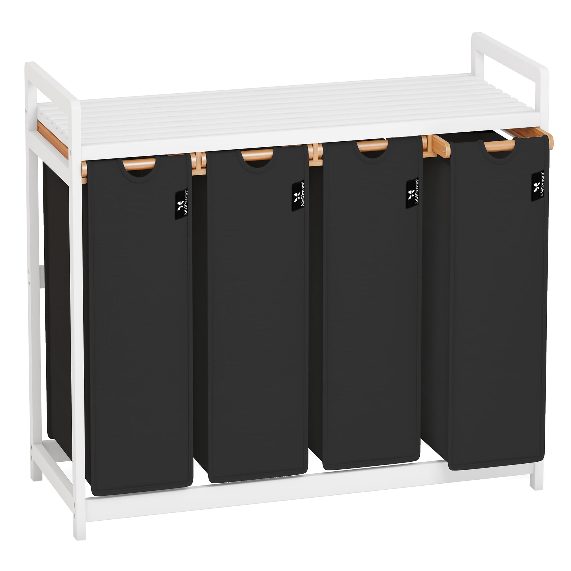 AdelDream 4 Compartment Laundry Basket 200L White Frame with Shelves Removable Washable Laundry Bag Large Laundry Basket Bamboo Frame