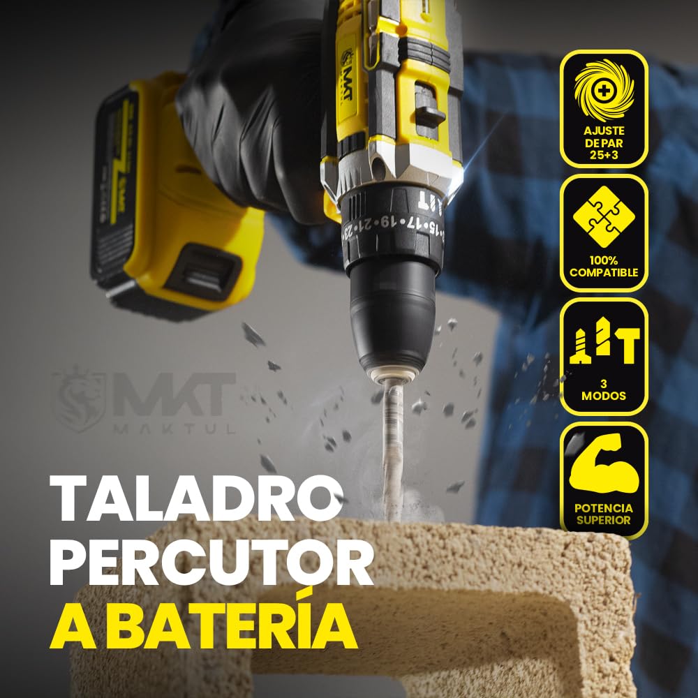 MAKTUL Taladro Percutor a Bateria Potente 2x4000mAh 20V Destornillador Electrico Atornillador Multifunción Inalámbrico con Accesorios Bricolaje 100% Compatible, Luz Nivel Ajuste de Par, 2 Velocidades