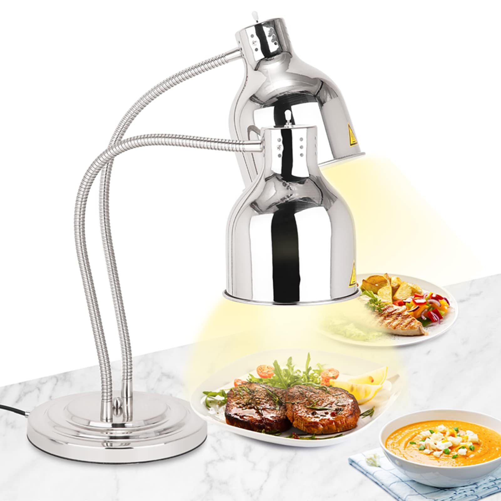 YJINGRUI Lampada termica autoportante per alimenti, 2 x 250 W, colore argento, con tubo estensibile fino a 70 cm, per buffet cucina, ristorante (doppia lampadina)