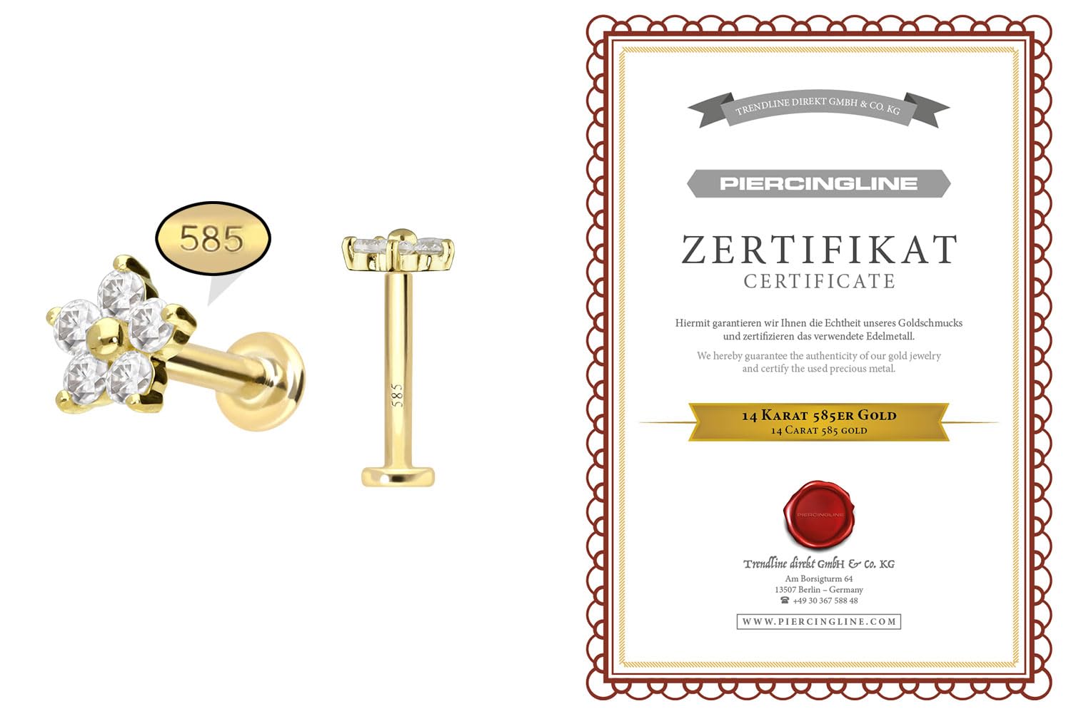 PIERCINGLINE 14 Karat Gold Labret Ohr Piercing mit Push Fit MOISSANIT BLUME 0,075 kt Farb & Größenauswahl