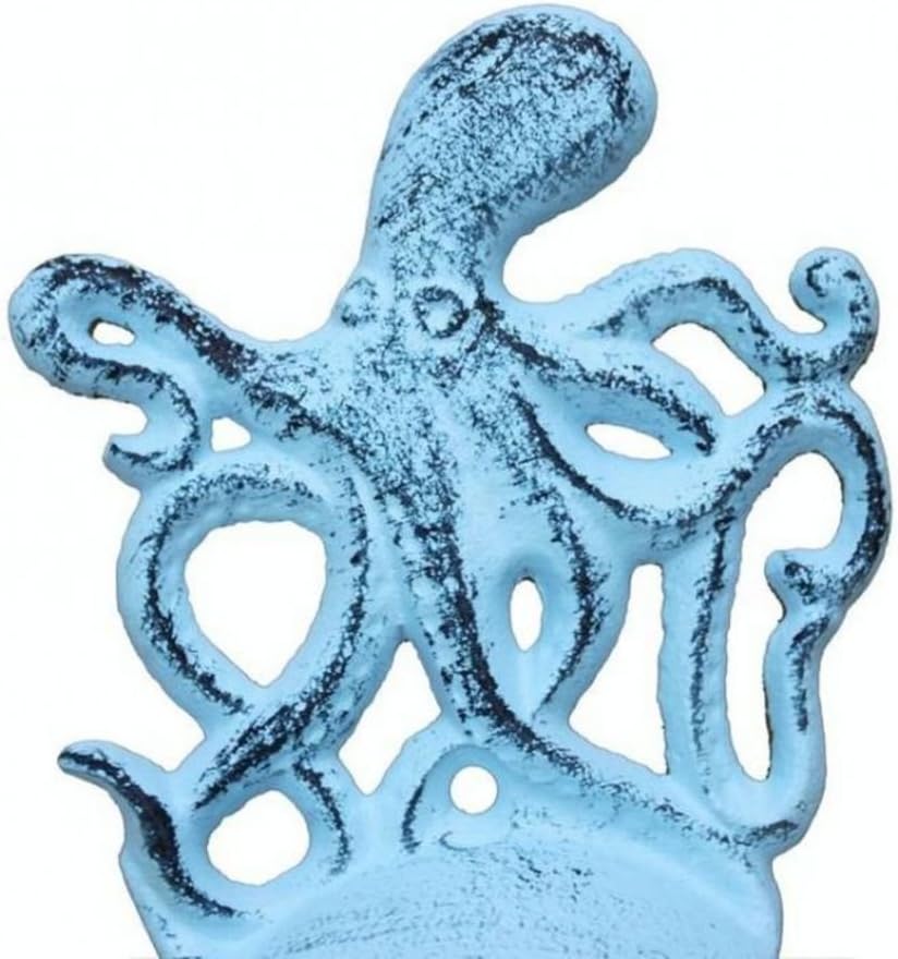Hampton Nautical K-9116-dark-blue Dark Blue Whitewashed Cast Iron Wall Mounted Octopus Bottle Opener 6" - Vintage Cast Iron Decor - Sea Life