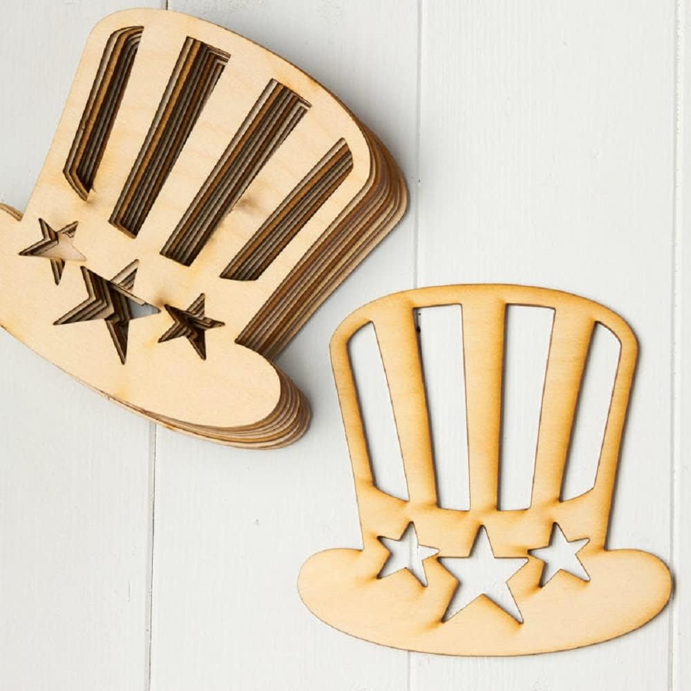 Factory Direct Craft Pack of 24 Unfinished Wood Assorted Americana Cutouts - Made in USA Heart Star Flag Hat Wooden Shapes for Patriotic Decorations, 4th July Crafts and DIY Projects (4-1/4 to 5-1/4")