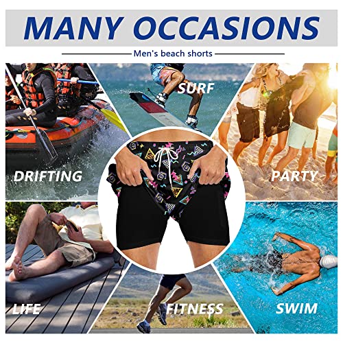 80s Men's Swim Trunks with Compression Liner 7" Inseam 90s Board Shorts 80s Quick Dry Swim Shorts with Pocket XL 7