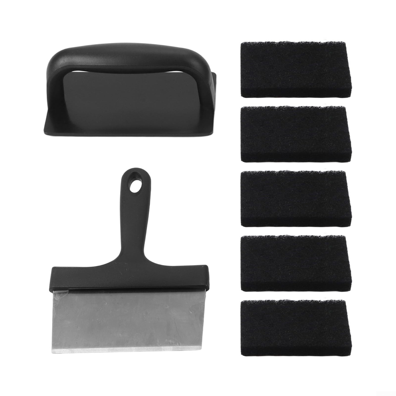 Kit de limpieza de plancha con raspador de acero inoxidable y cepillo compuesto para parrillas planas, sartenes y superficies de cocción de acero inoxidable
