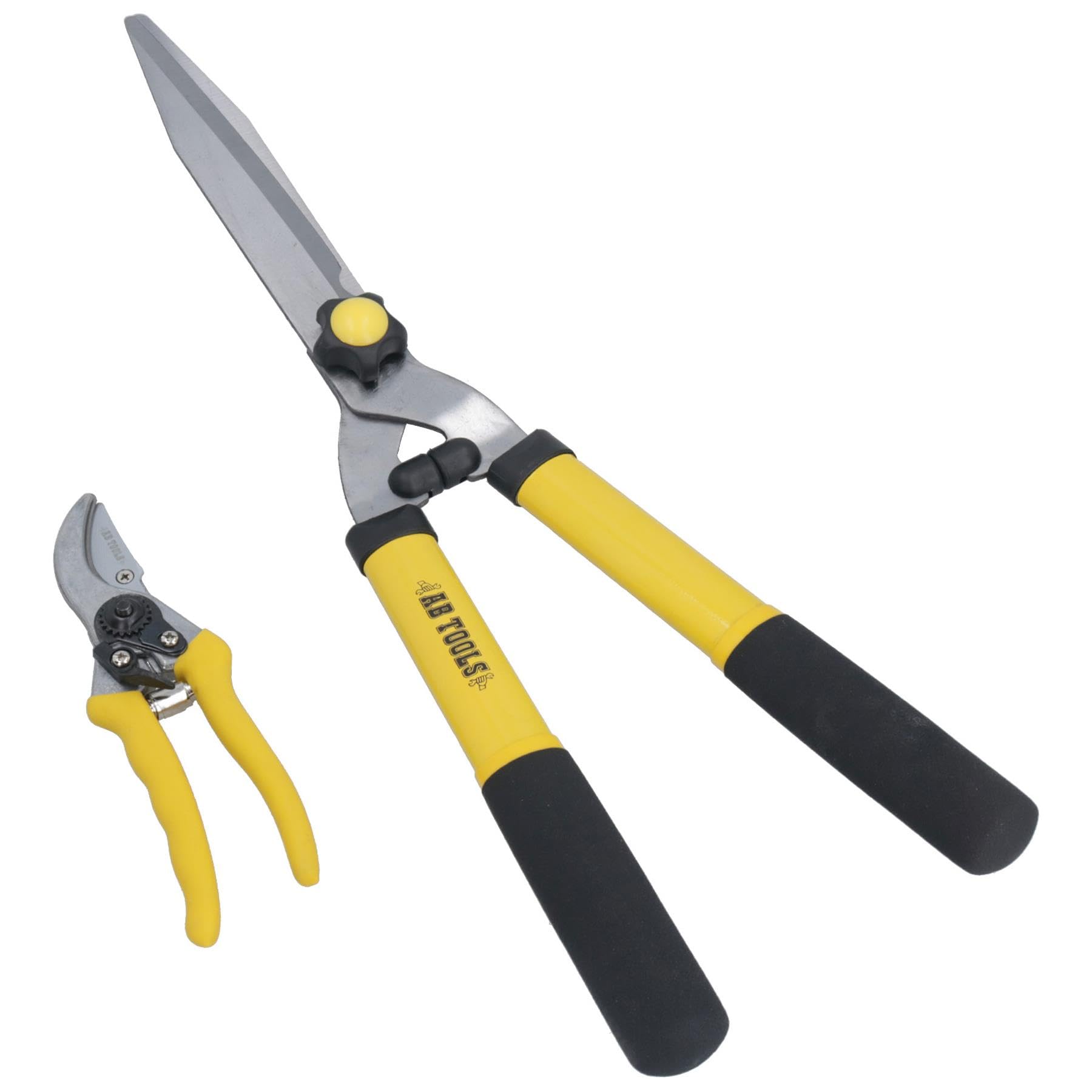Ab Tools-Green Blade Yellow Ab Tools Heavy Duty Pruning Shears + Hedge Shears Gardening Set Cutters Trimmers 2Pc