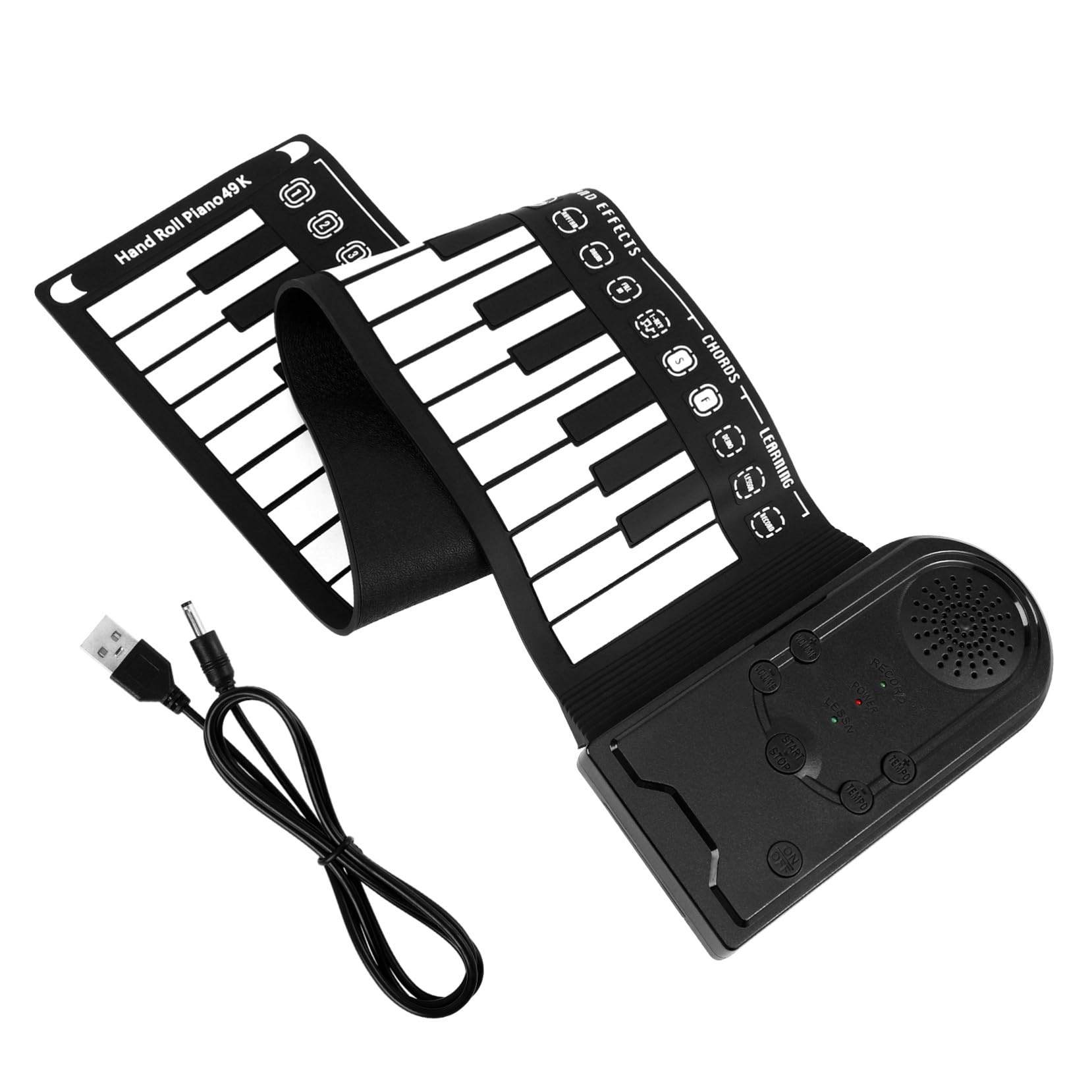 Pianoforte Elettronico Arrotolabile 49 Tasti Nero per Principianti | Silicone, Altoparlante Integrato, Controllo Ritmo 32 Livelli e Volume 16 Livelli, Cavo USB Dc 6v e 3 Batterie Aa