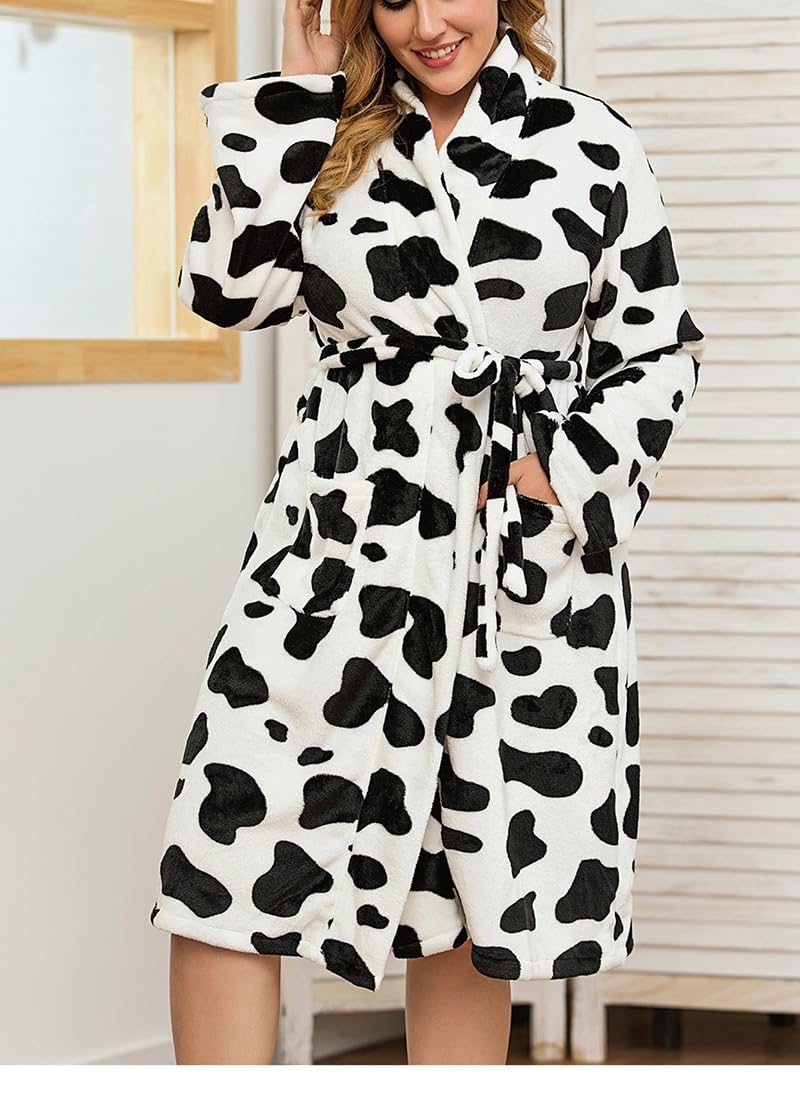 Schwarzer und weißer Plüsch-Bademantel mit Kuhmuster für Damen – Superweicher,warmer und lässiger Bademantel mit V-Ausschnitt – Bequeme,flauschige Loungewear für den Winter