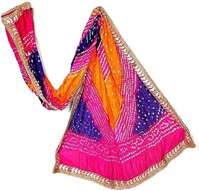 PK HUBWomen's Jaipuri Rajasthani Silk Bandhani Bandhej Multi-Colored Heavy Dupatta With Gota Work And Latkan
