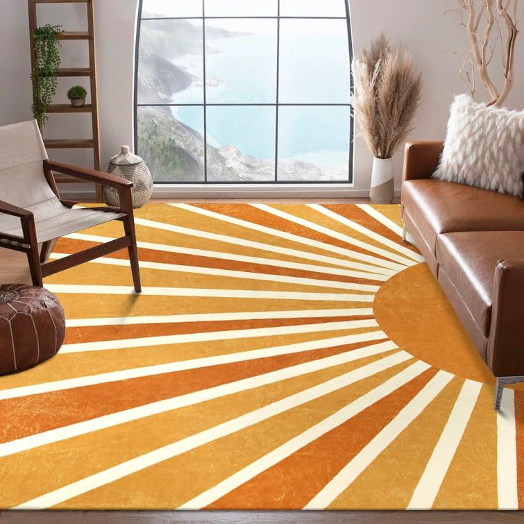 Lahome Rainbow Sun Area Rug: 8'x10' Ultra-Thin & Lightweight Machine Washable Non-Slip Rug with Boho Print for Living Room, Bedroom, Dining Room, Offi