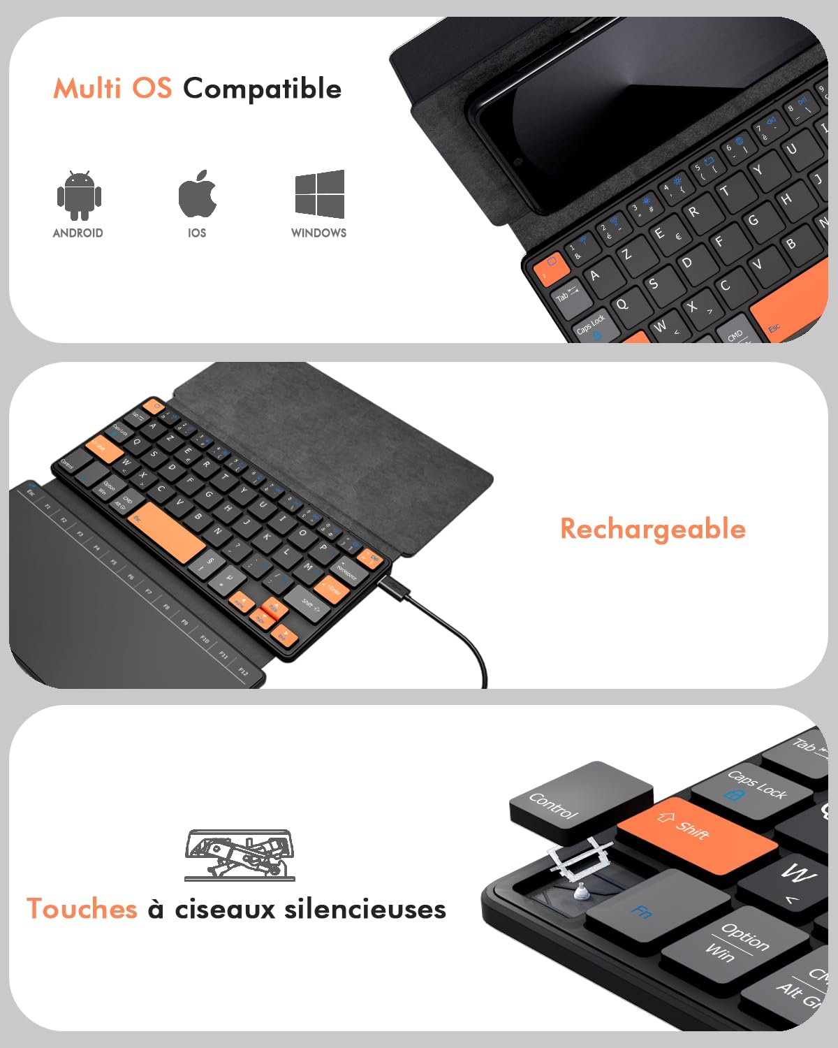 Doohoeek Clavier Mini sans Fil avec Pavé Tactile, Pliable, Double Bluetooth avec Support pour iPhone, iPad Mini, Samsung Z Fold – Compatible iOS, Android, Windows – Orange & Noir