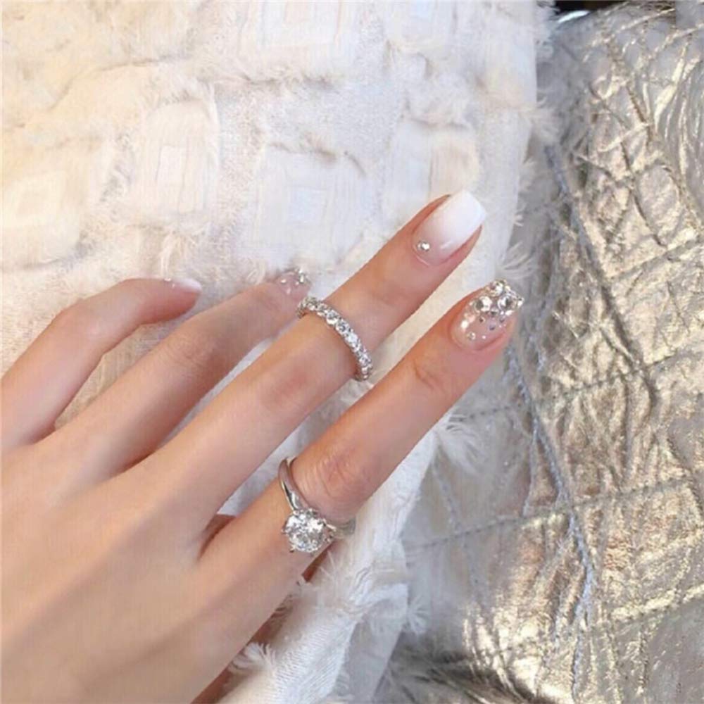 24Pcs Short Square False Nails with Rhinestone White Ombre Fake Nails with Glue Sticker Salon Clip on Nails for Women and Girls (Style 1)