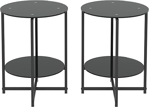Miniatura 6 de NewCosmos Juego de 2 piezas negro mesa auxiliar de vidrio templado para dormitorio sala de estar oficina