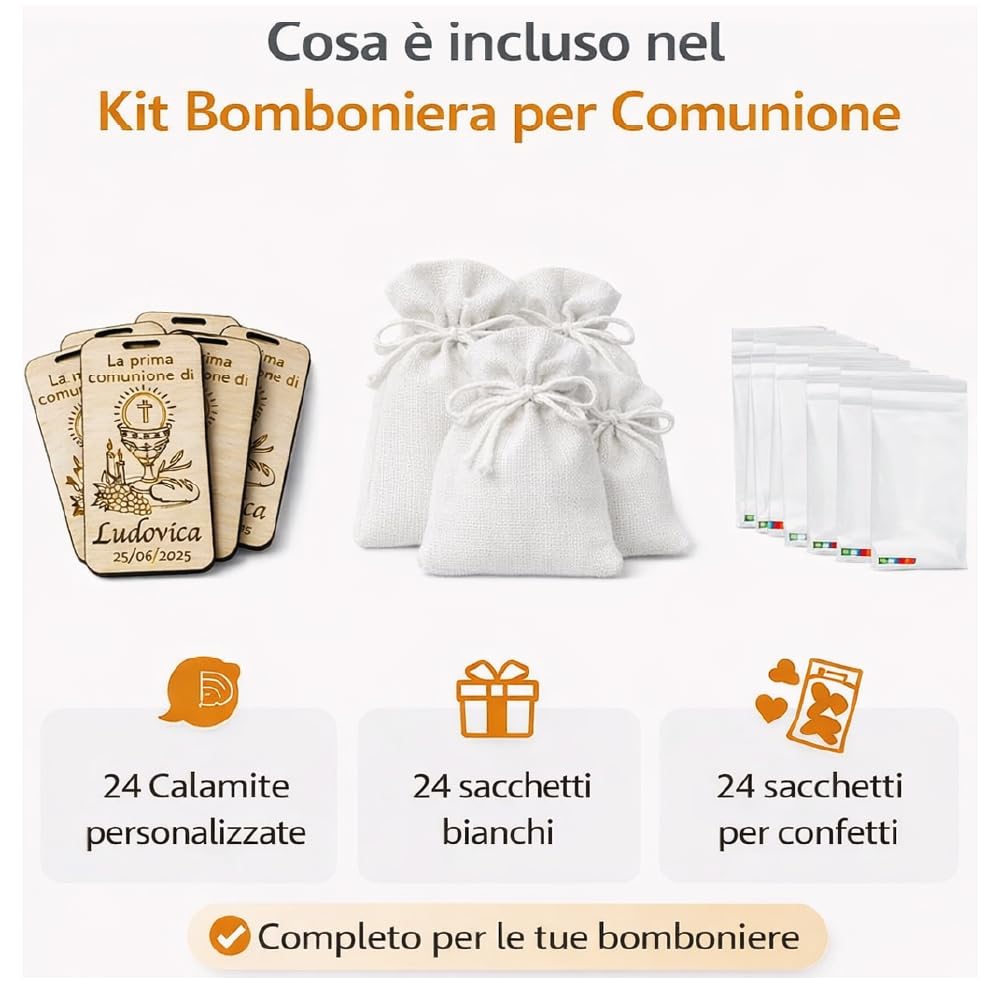 24-36-48 Kit Bomboniera Comunione Completa con Sacchetti in Juta, Sacchetti per Confetti e Calamite Personalizzate – Nome e Data – Prima Comunione
