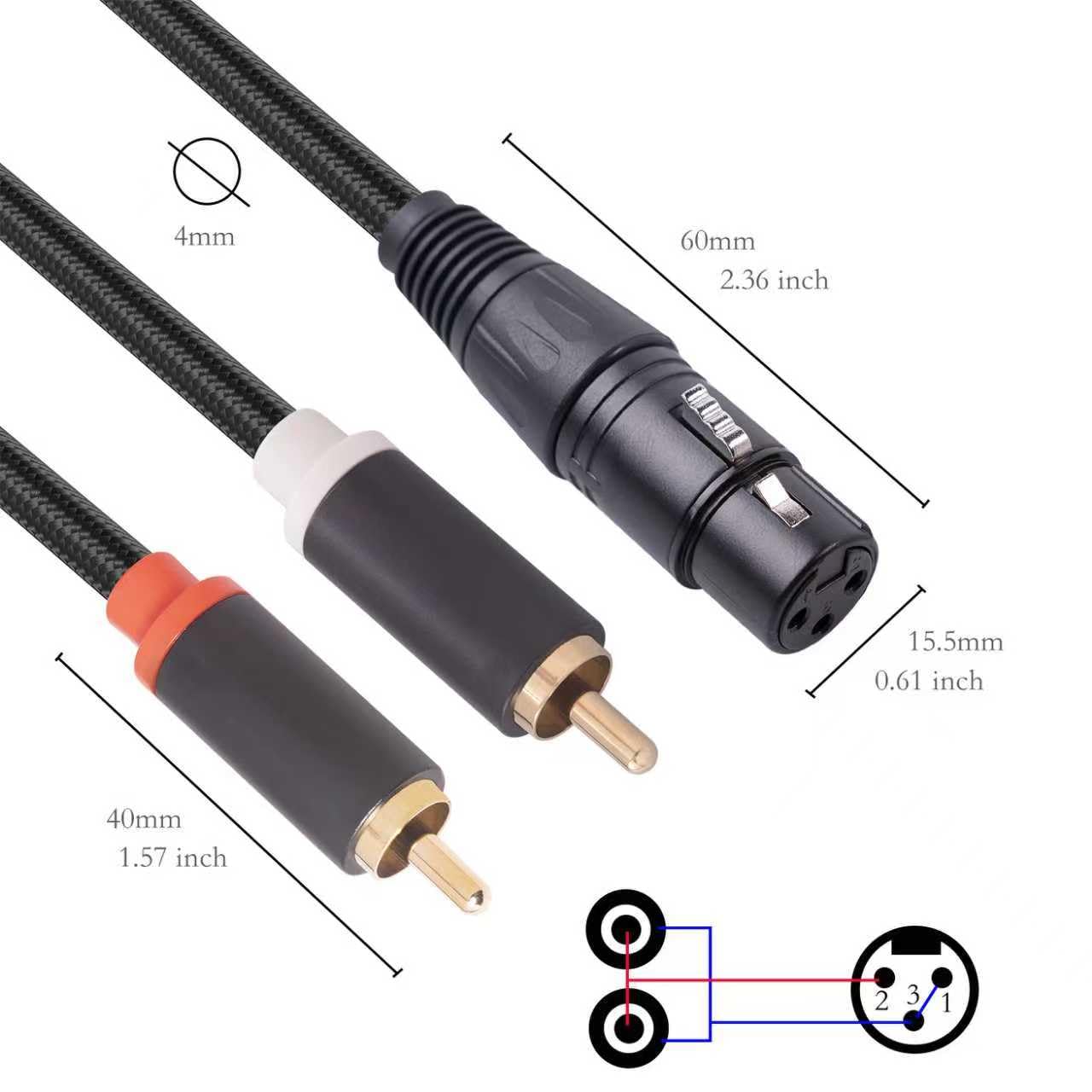 XLR kabel rozdzielacza żeńskiego na podwójny RCA Y, asymetryczny kabel rozgałęźny XLR żeński na 2 gniazda RCA/phono, kabel adaptera Y